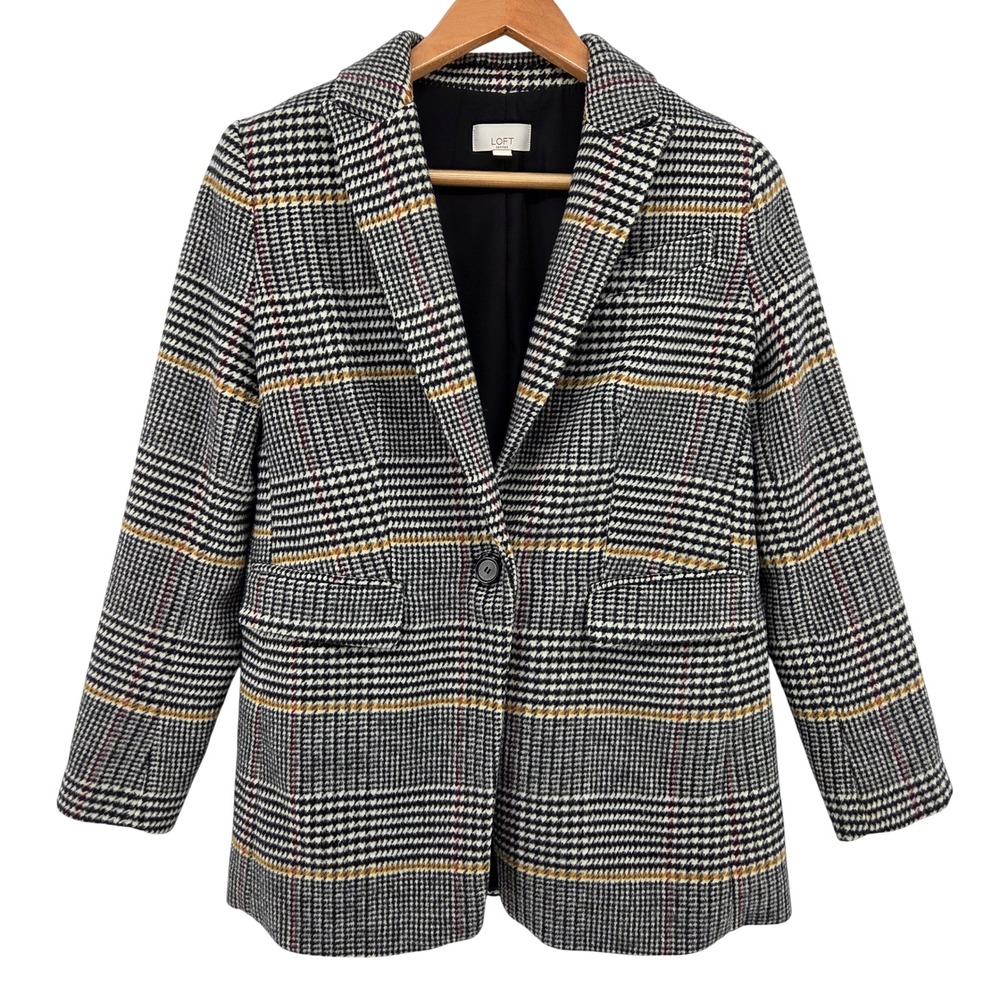 LOFT Petites Houndstooth Blazer Jacket Women's 8P Black White Wool Blend Coat‎